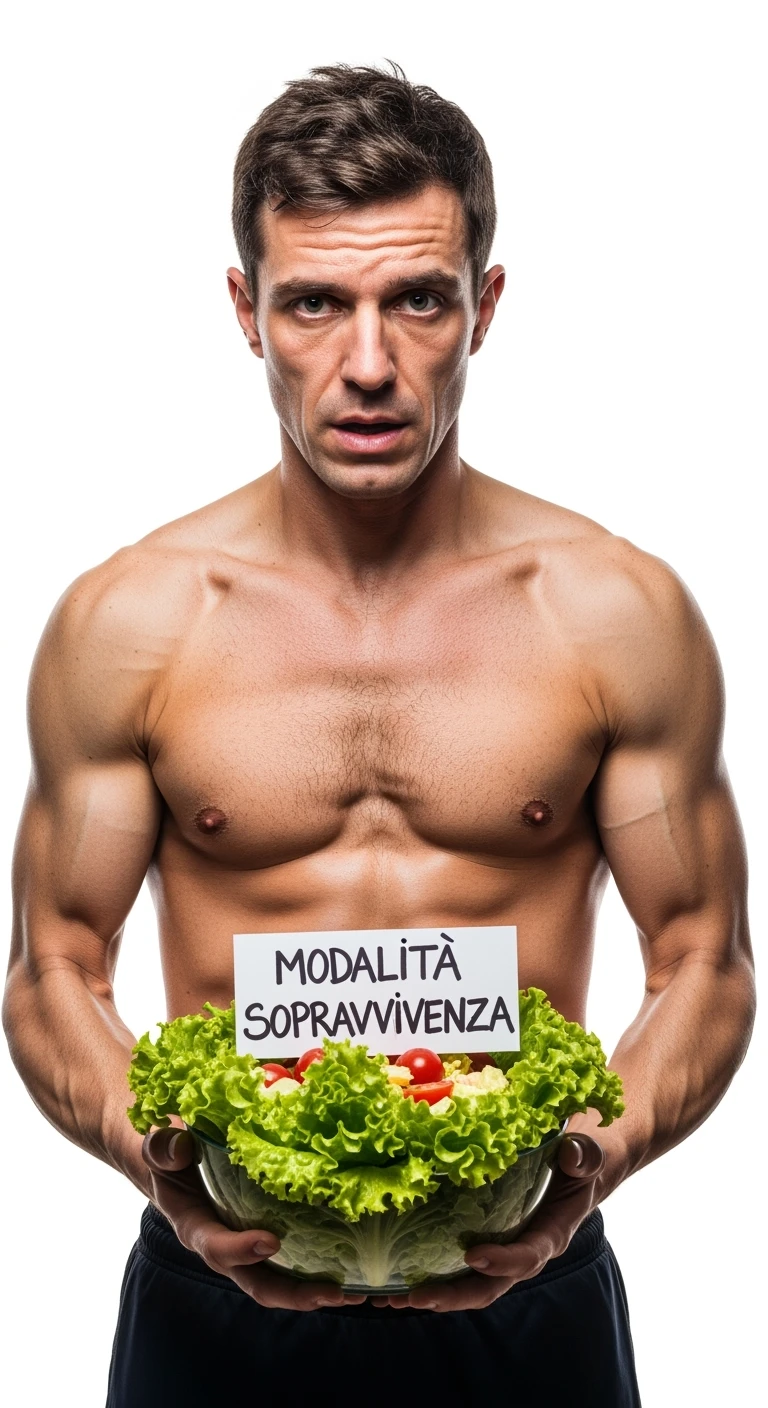 bodybuilder molto stanco e stressato con un insalata in mano, nell'insalata c'è un cartello con scritto "MODALITà SOPRAVVIVENZA", ISOLATO SU SFONDO BIANCO emoji