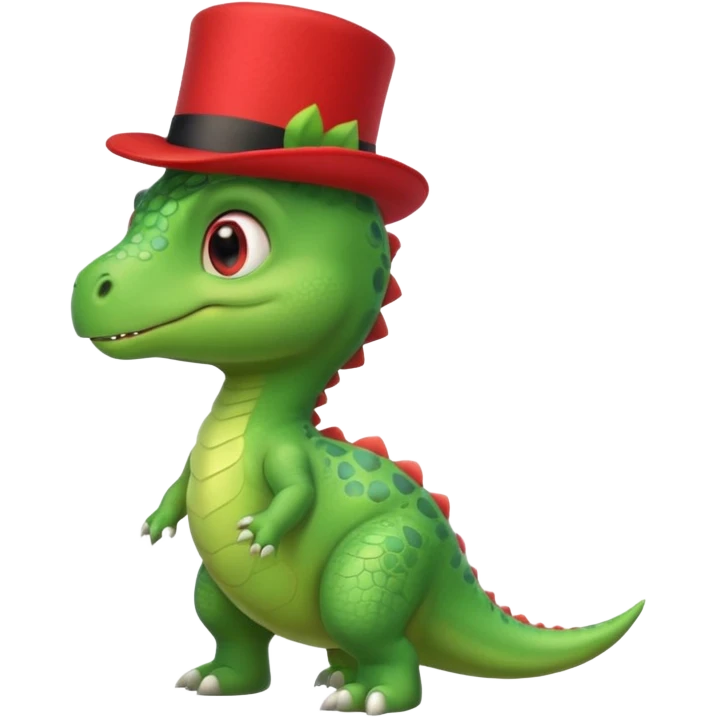 A side view of a very cute and adorable green anthropomorphic baby dinosaur with a red top hat emoji