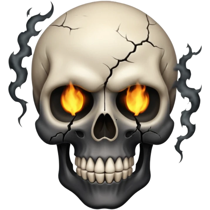 iOS style emoji, dark fantasy skull, cracks, black smoke from eyes, soft light, stylized emoji
