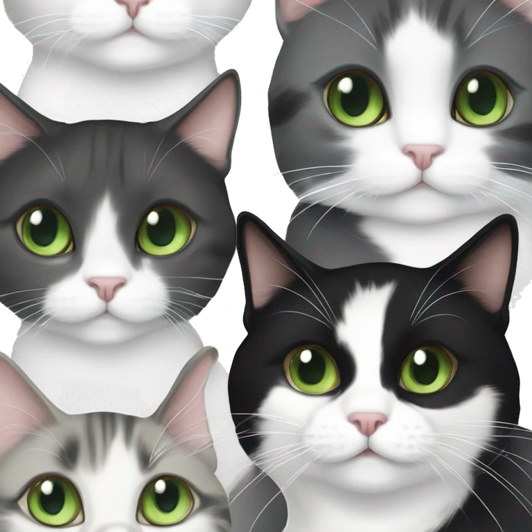 gray and white tuxedo cat with green eyes playing with long hair brown black and white calico cat with green eyes emoji