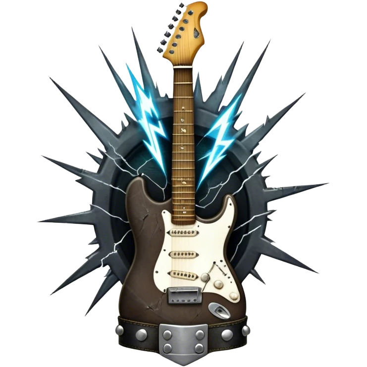 Create a powerful and dynamic humanless emoji representing rock vocals. The design should feature a classic vintage microphone with a rugged, distressed look, surrounded by elements like a guitar pick, electric guitar neck, and sound waves to reflect the raw energy of rock music. Add subtle details such as a spiked bracelet, leather textures, or bold lightning bolts to evoke the rebellious and intense spirit of rock. Use dark, edgy colors like black, red, silver, and metallic accents to emphasize the fierce, loud, and passionate nature of rock vocals. The background should be transparent. emoji