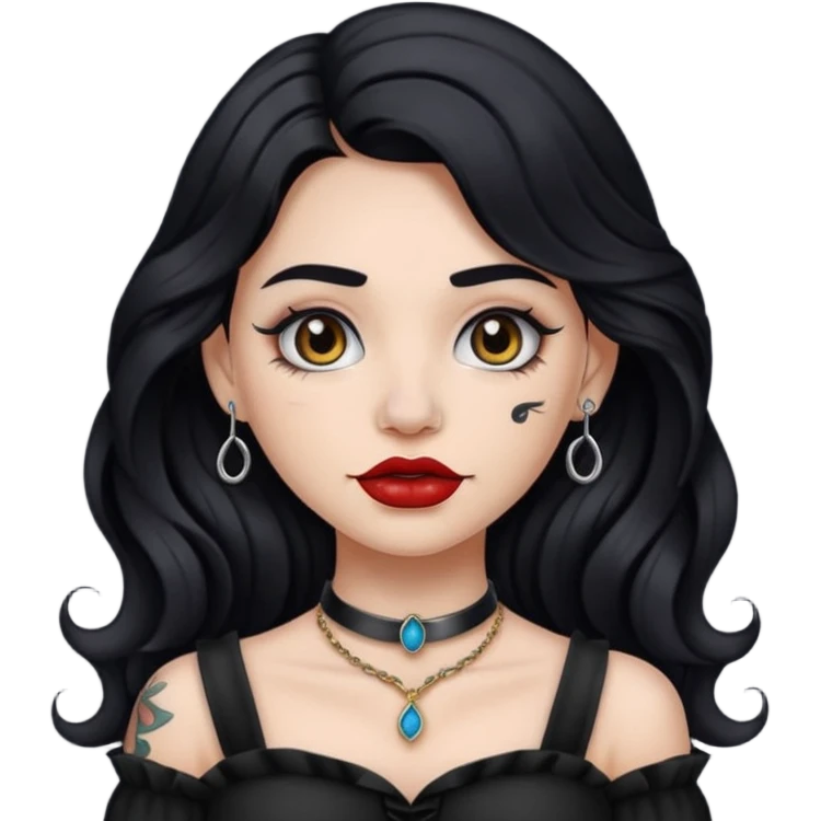 I want to create a female emoji with long black wavy hair and collar bone tattoo that says “me before you” and she has her nose pierced and black lip stick emoji