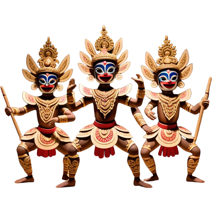 ​Cinematic Realistic Wayang Golek Ayun-ayun Dancers, depicted as intricately carved traditional wooden puppets in dynamic dance poses, adorned with vibrant painted details and expressive features, set against a softly lit stage that evokes centuries of Indonesian cultural heritage, rendered with lifelike textures and dramatic atmospheric lighting, emoji
