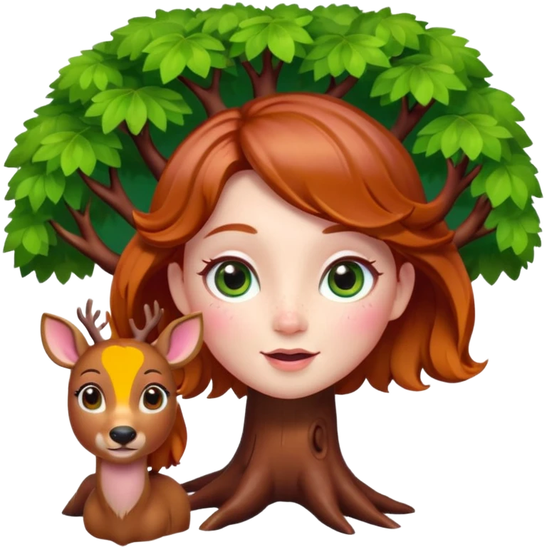 Style memoji iphone. Un petit sapin vert sylvestre, féminin, regard malicieux, tâches de rousseurs délicates, joues roses. Yeux de biche brillants en forme amande, yeux couleur ambre, tronc couleur acajou. Sapin en mouvement, incurvé pour un effet vivant. emoji
