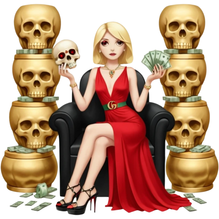 Lilith symbol red eye seductress evil shoulder length blonde haired powerful woman with Gucci  long dress with slit, sitting on of gold and diamonds. Black Platform high heels on feet. seat full of stacks,  dead human skull of her enemies in her other hand emoji
