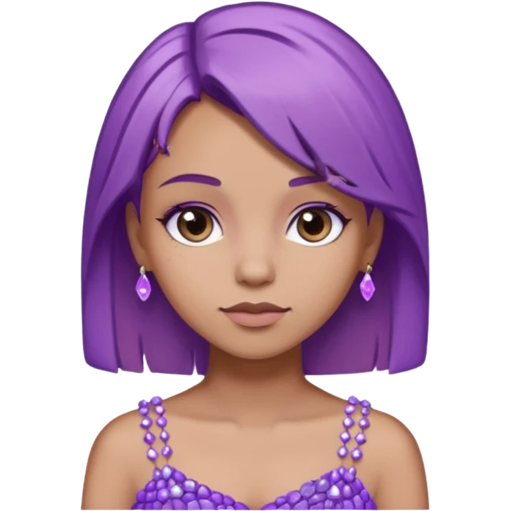 یک دختر با موی لایت بنفش قهوه‌ای با پیراهن بنفش با سنگ های یاسی که روی روی لباسش کار شده باشه میخوام emoji