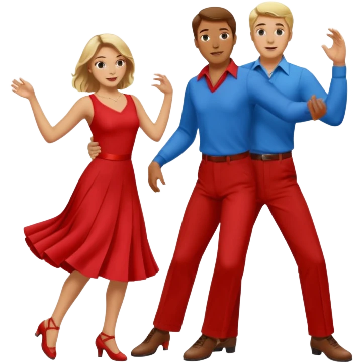 Two people. Man wearing all  RED with brown hair. Women  ALL blue with blond hair. Swing Dancing. Need four legs emoji