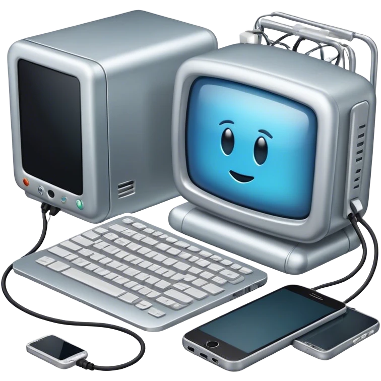 An emoji representing electronics: a collection of electronic devices such as a smartphone, laptop, refrigerator, TV, wires, and microchips, arranged in a cohesive and modern style. The design should have a technological neon or metallic tint emoji