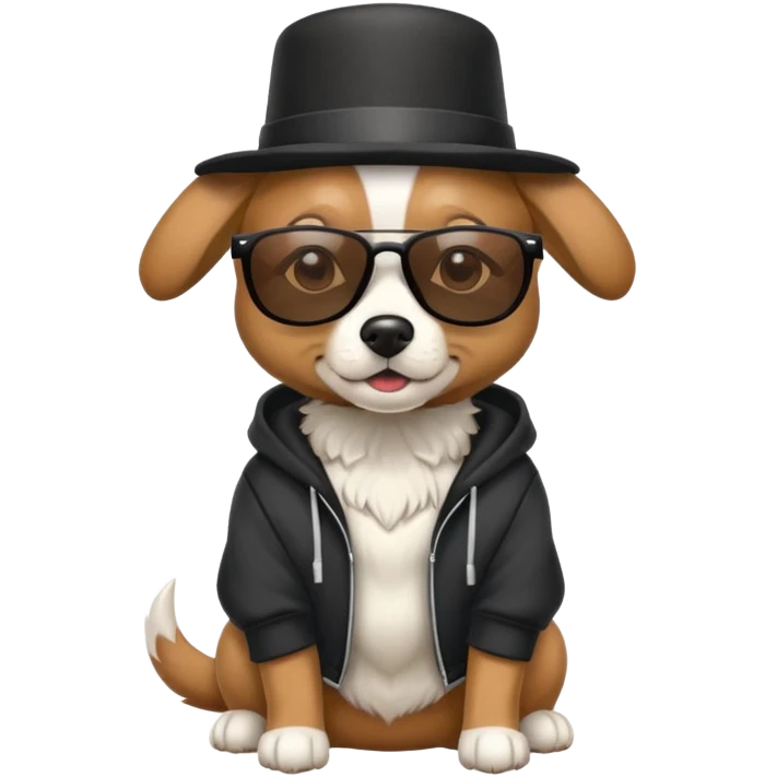 Dog with sunglasses and a hoodie with a top hat emoji