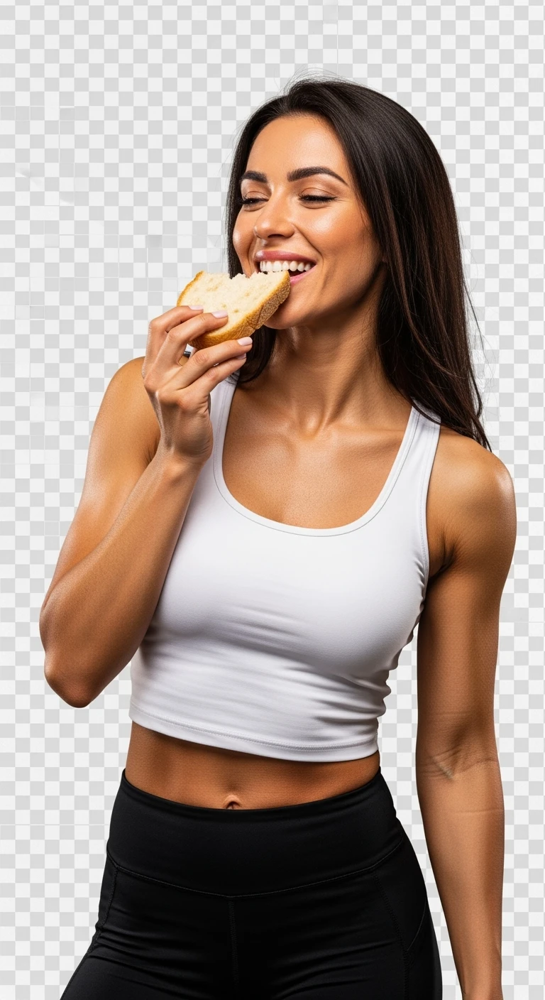 DONNA FITNESS ITALIANA CHE MANGIA PANE FELICE, IPERREALISTICA 4K, SENZA SFONDO emoji