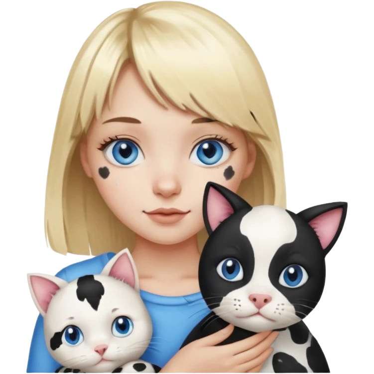 Cute cat black and white stain like a cow in the arms of a blond girl with bangs and blue eyes emoji