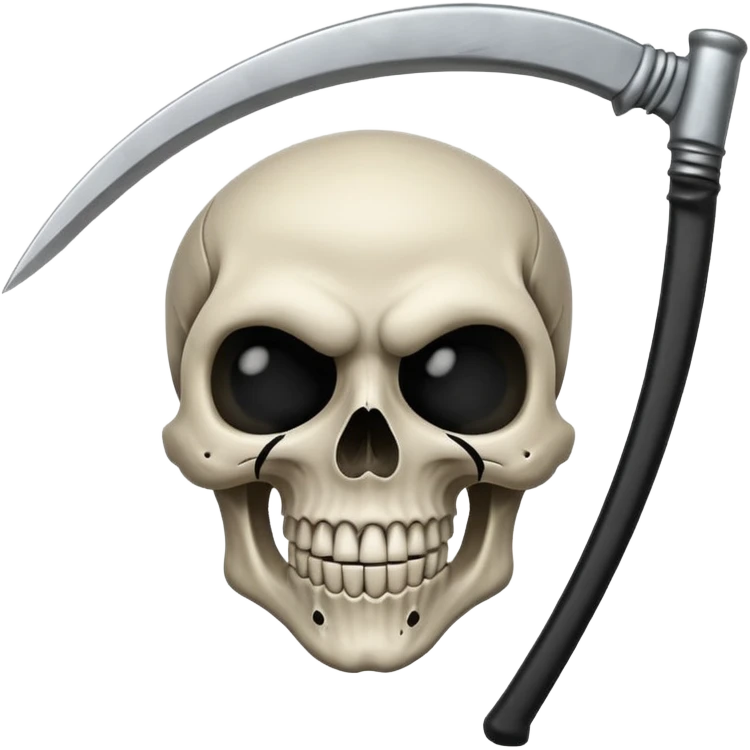 A laughing skull with a scythe crossed behind it, one eye socket winking. Clean, stylized lines, flat vector. Medieval woodcut style. Black and white with one accent color (tarnished silver). No background. emoji