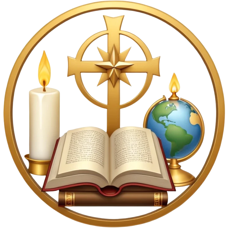 An icon featuring a holy book, a candle, a cross, and Islamic crescent and star, alongside a Buddhist wheel of Dharma, symbolizing religious studies. The design includes a globe with these symbols, representing the diversity of beliefs. Transparent background  emoji