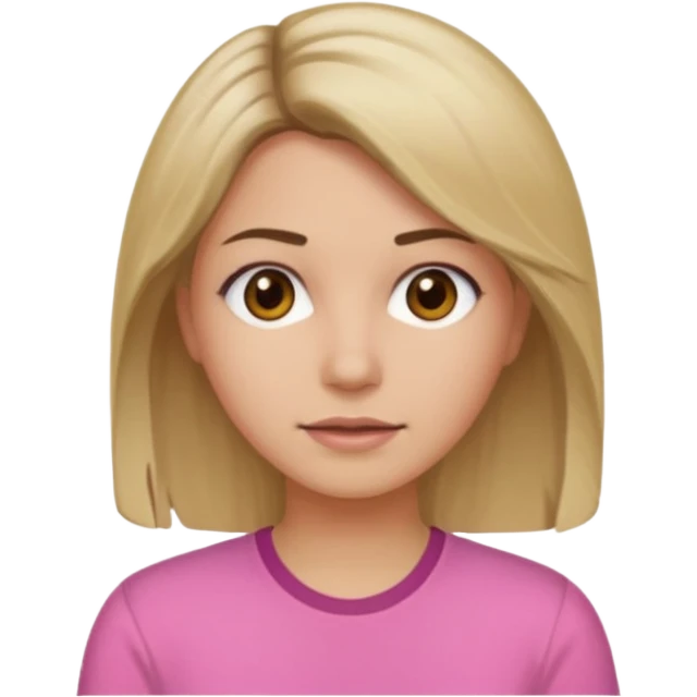 Woman with dirty blond hair and brown roots with a pink shirt and brown eyes emoji