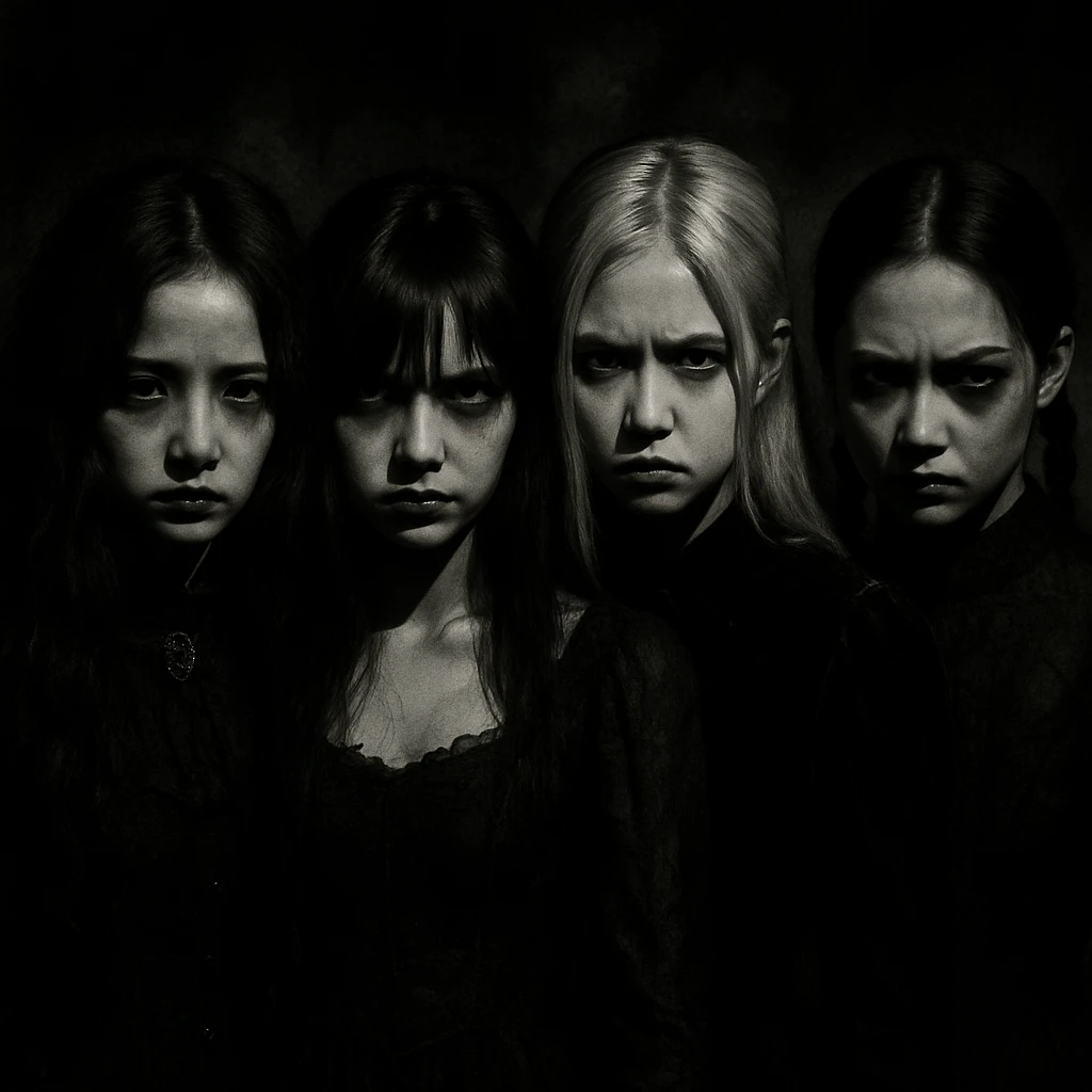 Blackpink in horror goth style, dramatic shadows, haunting expressions, eerie mood emoji