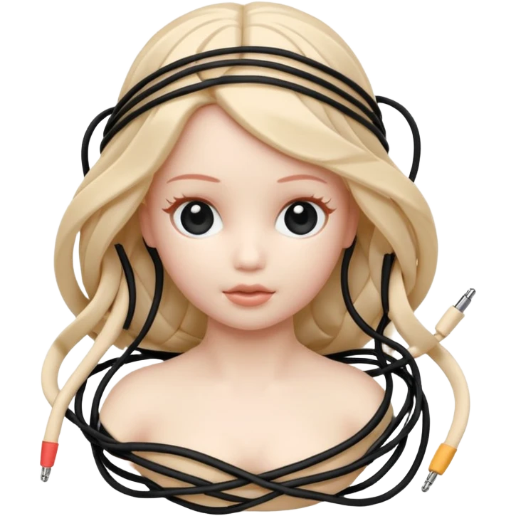 Plastic doll tightly bound with tangled AUX cables. emoji