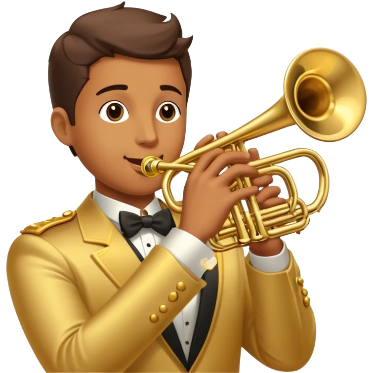 Cinematic Realistic Trumpet, polished brass with warm golden reflections, intricate valve details subtly highlighted, soft hands pressing the keys, glowing with bold and triumphant musical energy. emoji