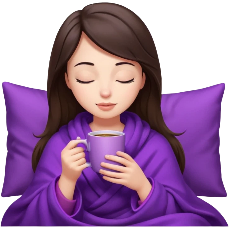 girl brunette inside a violet blanket sipping coffee from pink mug eyes closed iphone style emoji