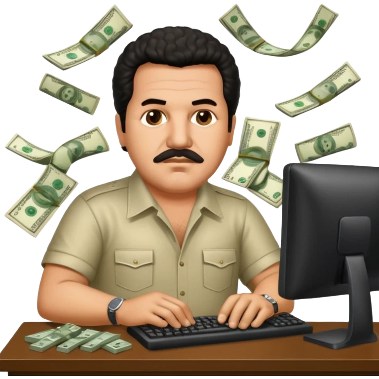 drug lord Pablo escobar using computer with money wallpaper as background emoji