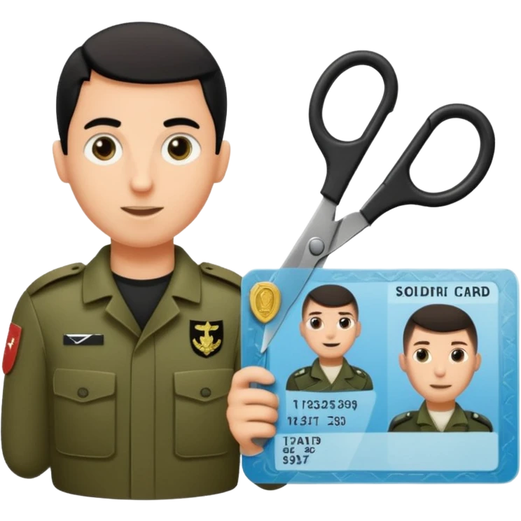 Floating black Scissors cutting in half an idf soldier ID card with a little chip in 2 parts emoji