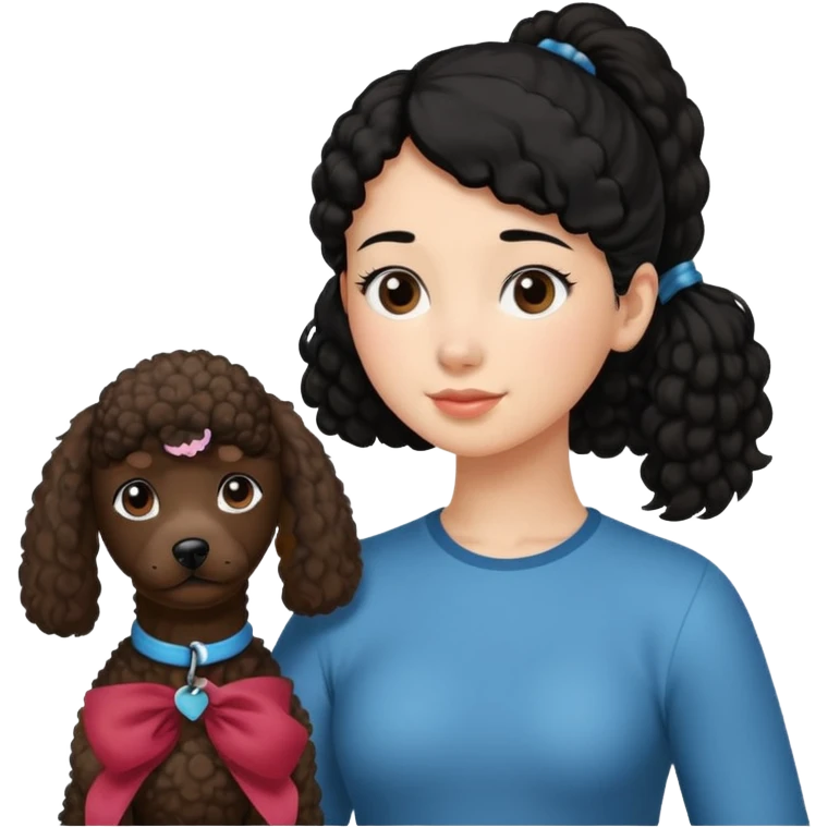 Ponytail black hair girl with brown Poodle say goodbye  emoji