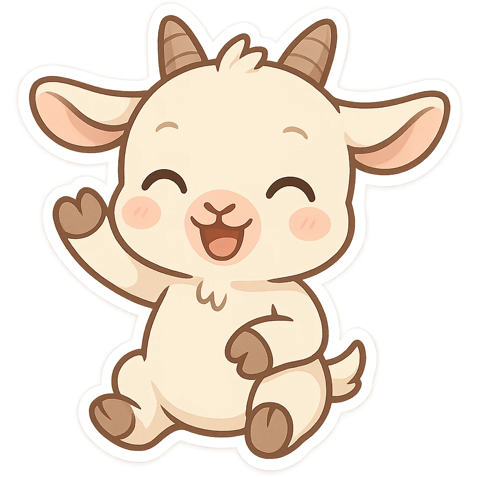 Chibi baby goat with a joyful expression, waving hello with one hoof, simple clean chibi stickers style, designed for a small emote, white background. emoji