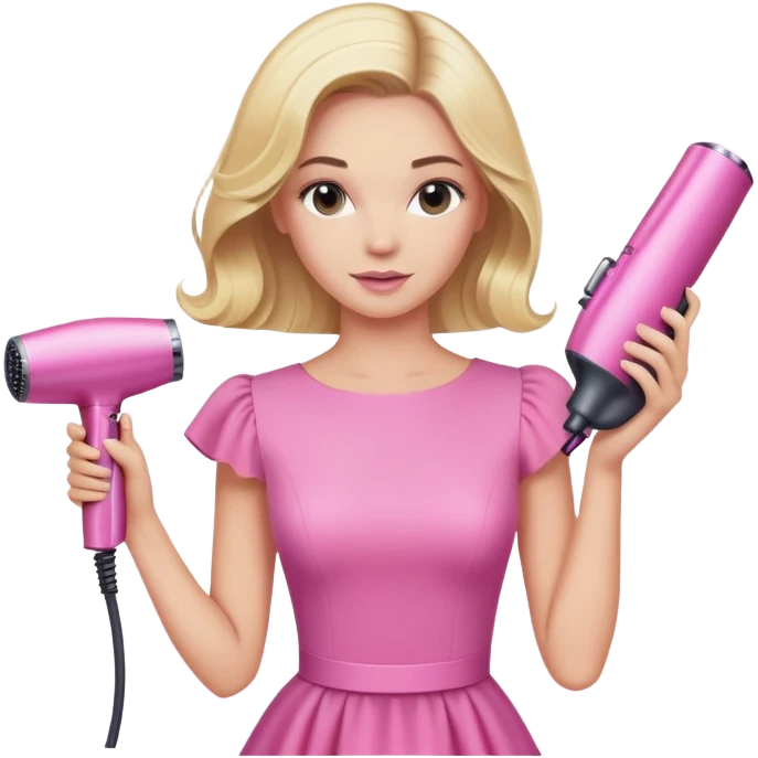 blonde woman in pink dress styling hair with a pink Dyson hairdryer emoji