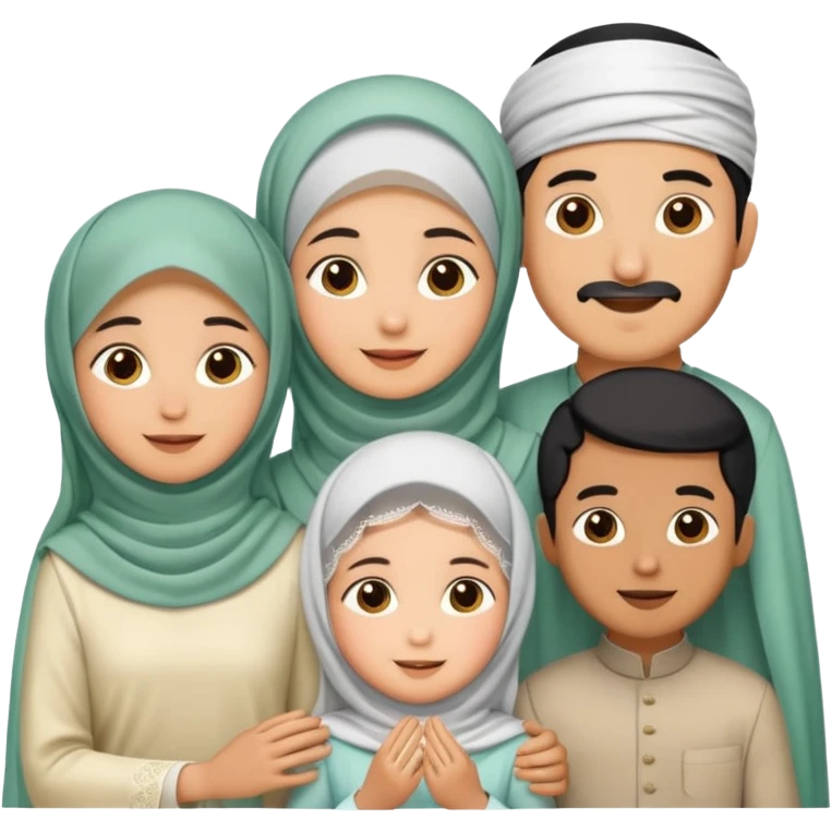 Lebaran. Keluarga terdiri dari Ayah dan ibu, 3 orang anak yang terdiri dari dua anak laki-laki dan seorang anak perempuan yang merupakan anak terkecil. Ibunya menggunakan cadar. emoji