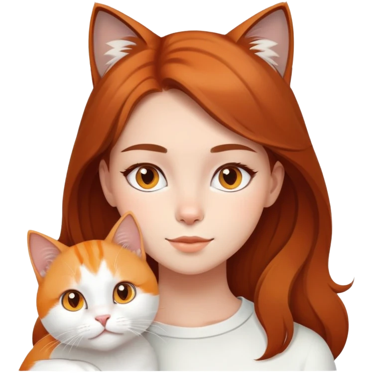 brown hair young girl with white cat and a orange cat emoji