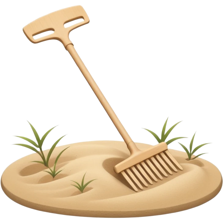 Minimalist emoji of a Japanese zen garden rake with four teeth, elegant thin lines, light wood tone, sand-beige palette, flat vector style, calm and balanced aesthetic, zen-inspired, transparent background, premium minimal design emoji