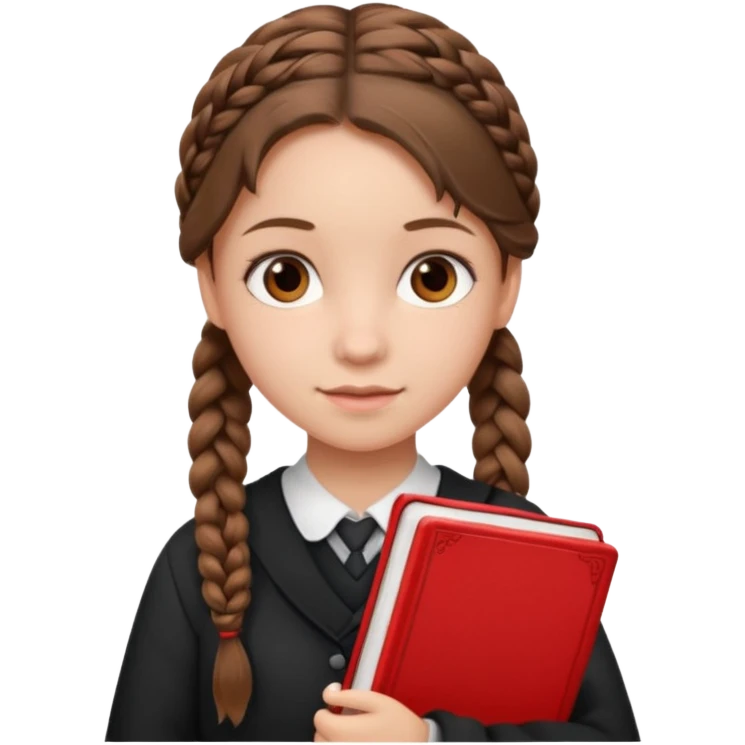 brown braid hair girl kid, student, black gile, red book emoji