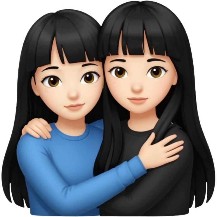 two teenage girls with long black hair, one with bangs, one with prominent lashes, hugging emoji