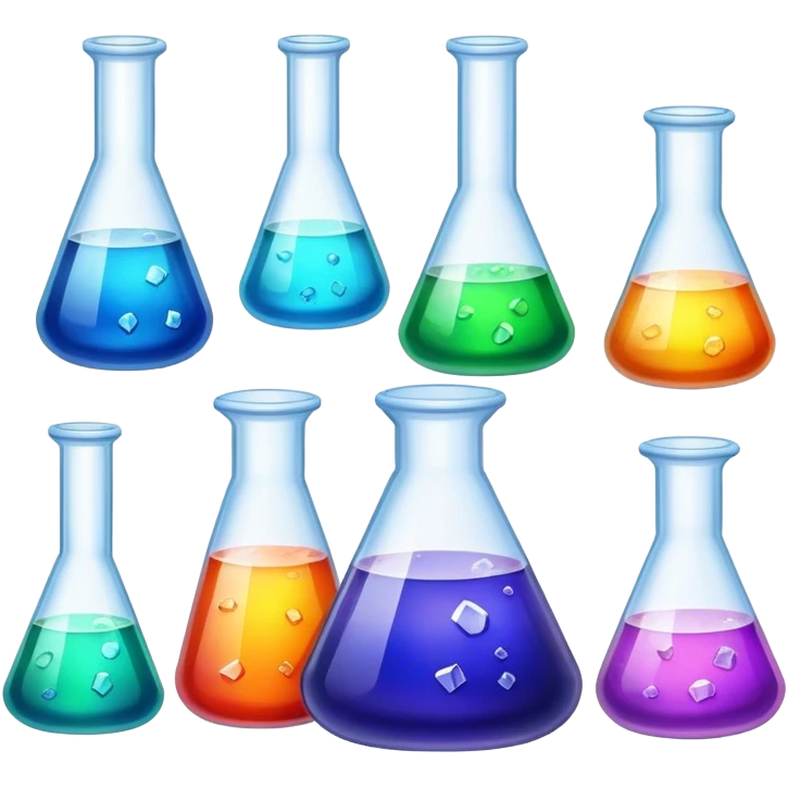 A set of colorful growing crystals in various stages of development, surrounded by beakers and jars with chemical solutions. Light shining on the crystals creates a dazzling glow. Background of a clean, well-lit workspace with scientific tools and equipment. Transparent background. emoji