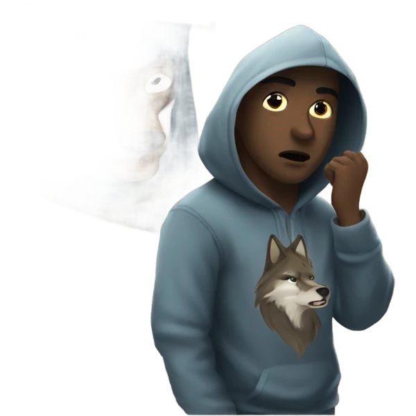 gazing boy in hoodie indoors fighting a wolf emoji