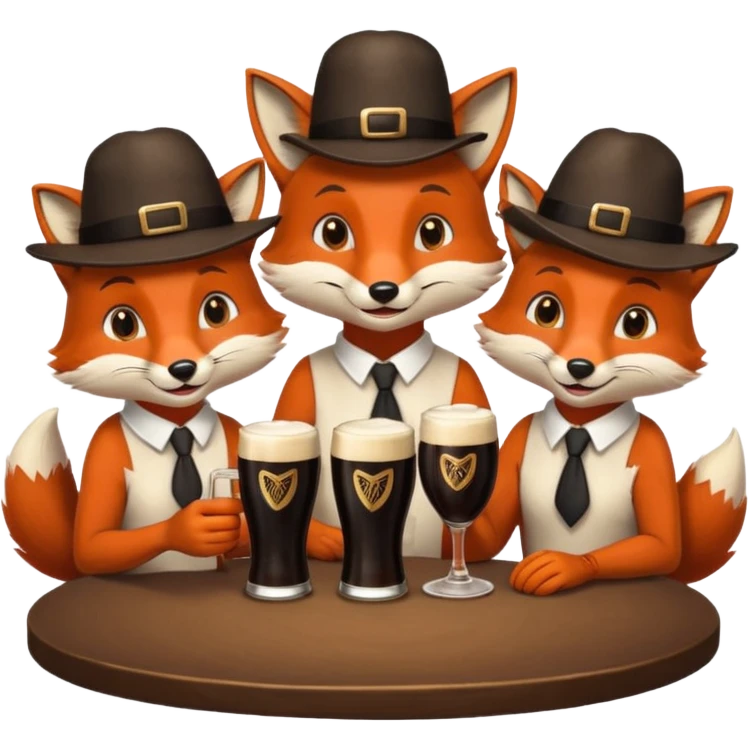 Three foxes sitting at a round table drinking Guinness emoji