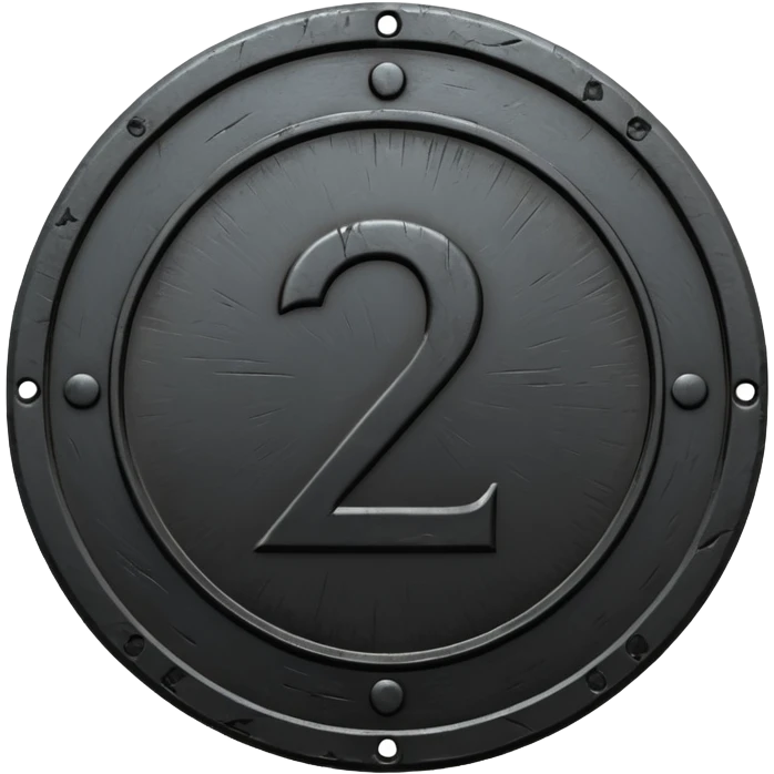 Minimal emoji, gothic metal coin made of black steel, engraved number 2 at the center, ancient industrial aesthetic, worn metal texture, no glow, no neon, flat emoji design, centered, transparent background emoji