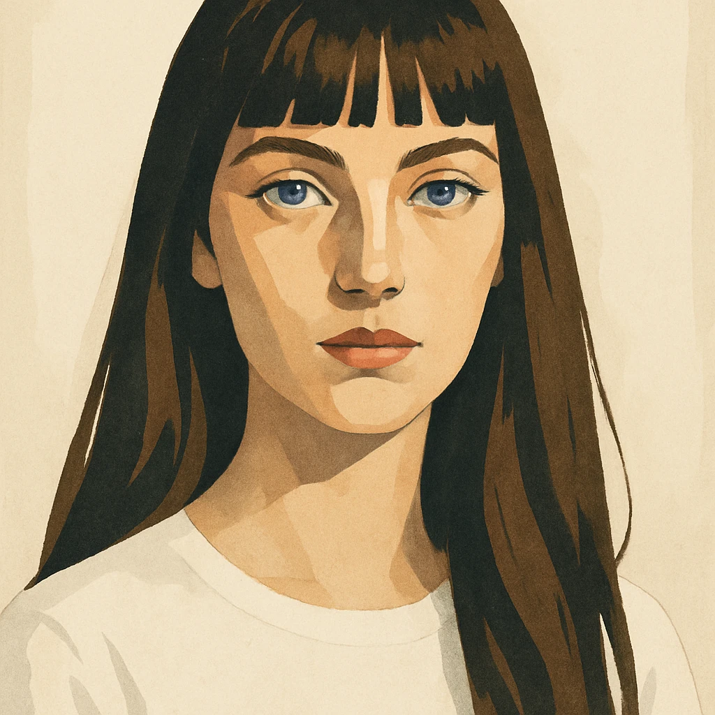 woman, pale skin, long straight brown hair with bangs, blue-grey eyes, white top, clean background, stylized portrait emoji