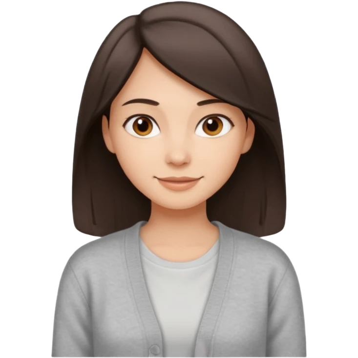 The girl has straight medium-length dqrk brown hair, light skin, wearing a white t-shirt and gray cardigan. Gentle smile, friendly neutral expression emoji