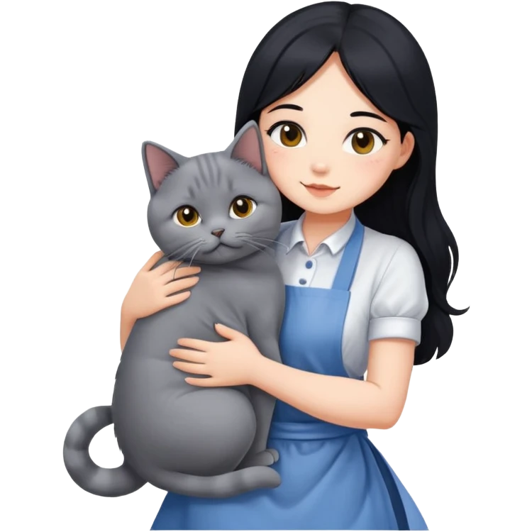 A beautiful girl with long black hair wearing an apron dress hugs a British Shorthair emoji