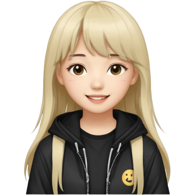 Portrait of a young female K-pop idol, wearing a stylish streetwear outfit with layered clothing, long hair with bangs, cool face emoji