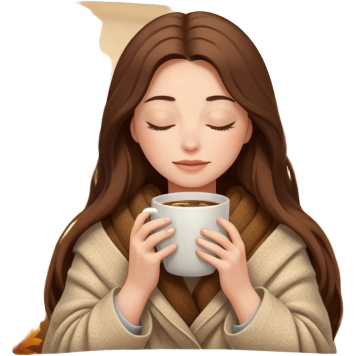long brown hair woman closed eyes hiding under a cozy wool beige blanket, holding cup of coffee, autumn mood emoji