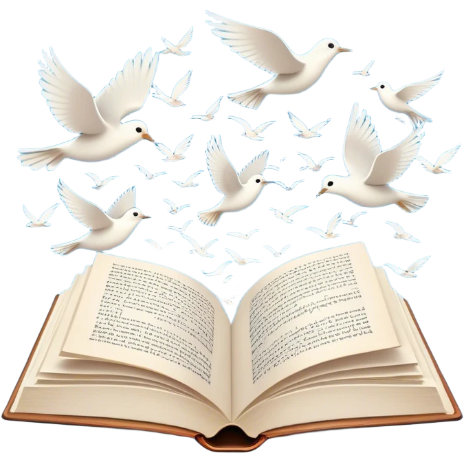 Icon for Poetry Reading: an open book with pages flying out, transforming into a large flock of small white birds soaring into the blue sky. The icon should evoke the freedom and beauty of poetic expression. Transparent background. emoji