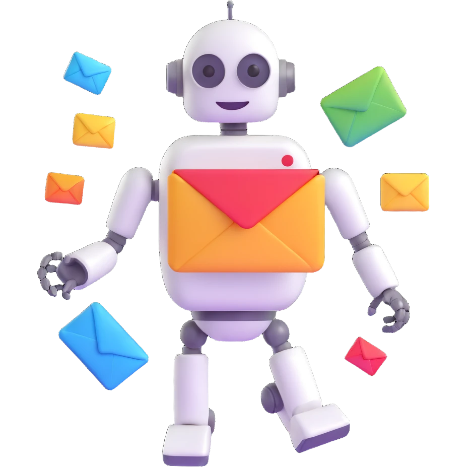 newsletter about AI, with a smiling robot and floating email icons emoji
