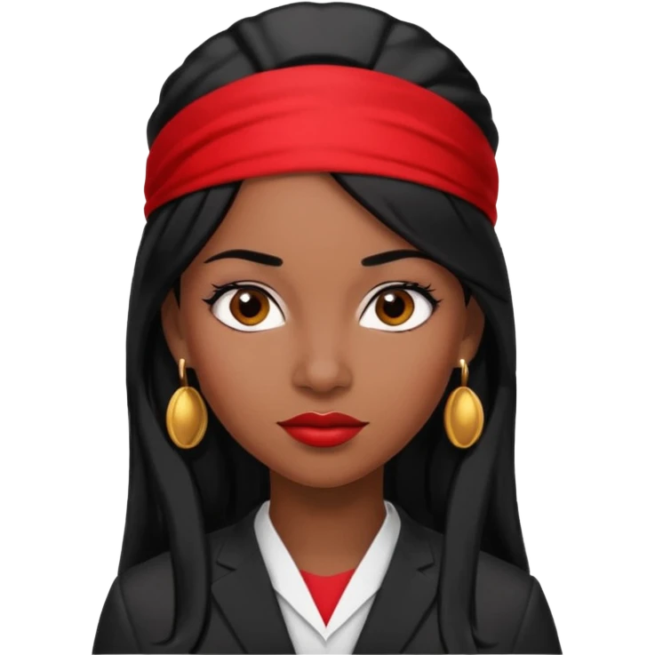 confident Black woman lawyer, 30, long black hair, red headband, sharp look, small round earrings emoji