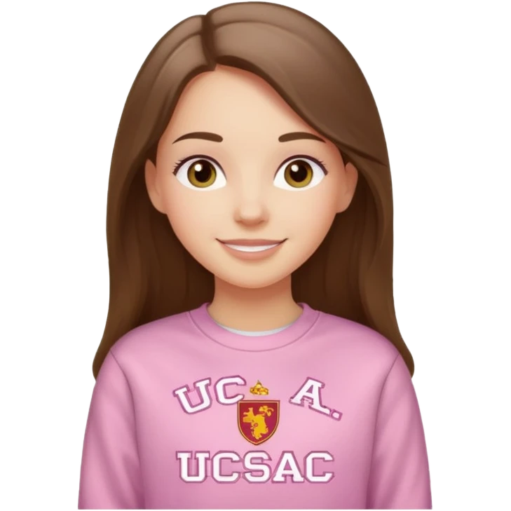 happy white long brunette hair girl with hazel eyes and in light pink sweatshirt with USC in white emoji