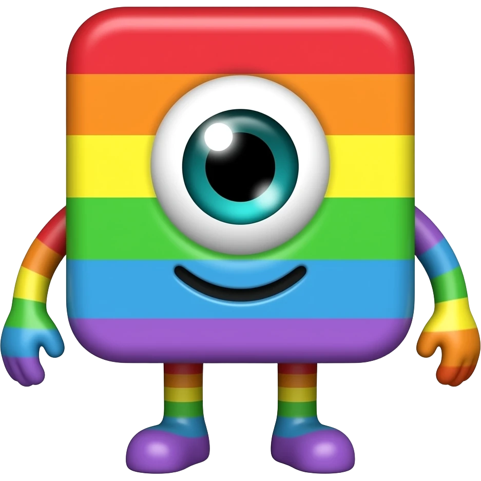 Rainbow block with rainbow, arms,, rainbow legs, rainbow, cute smile, and rainbow eye, and make it look cute emoji