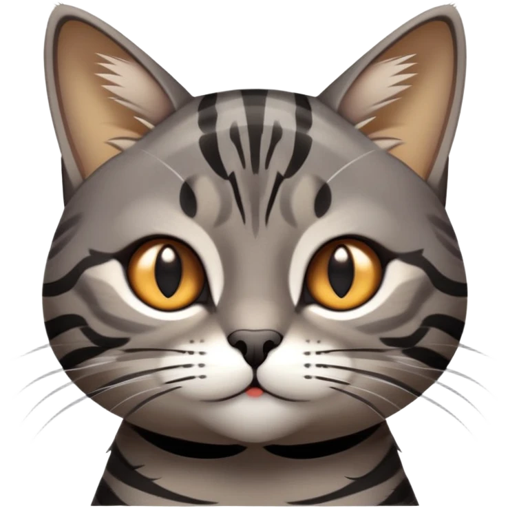 cinematic-cute-grey-and-black-brown-tabby-cat-portrait-emoji,-head-tilted-playfully-and-inquisitively,-sleek-grey-brown-fur-with-bold-black-tabby-stripes-and-a-distinctive-m-shaped-marking-on-the-forehead,-sparkling-amber-eyes,-simplified emoji