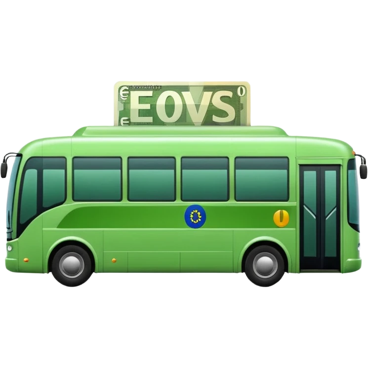green electric bus with large euro bill marked with 0 emoji
