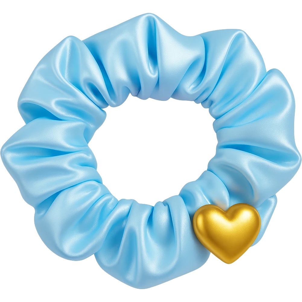 Add a small gold heart charm to the pastel blue silky scrunchie, keep the 3D emoji style and shimmer effect. The style is 3D emoji with a shiny, smooth, and realistic look. Remove the background. emoji