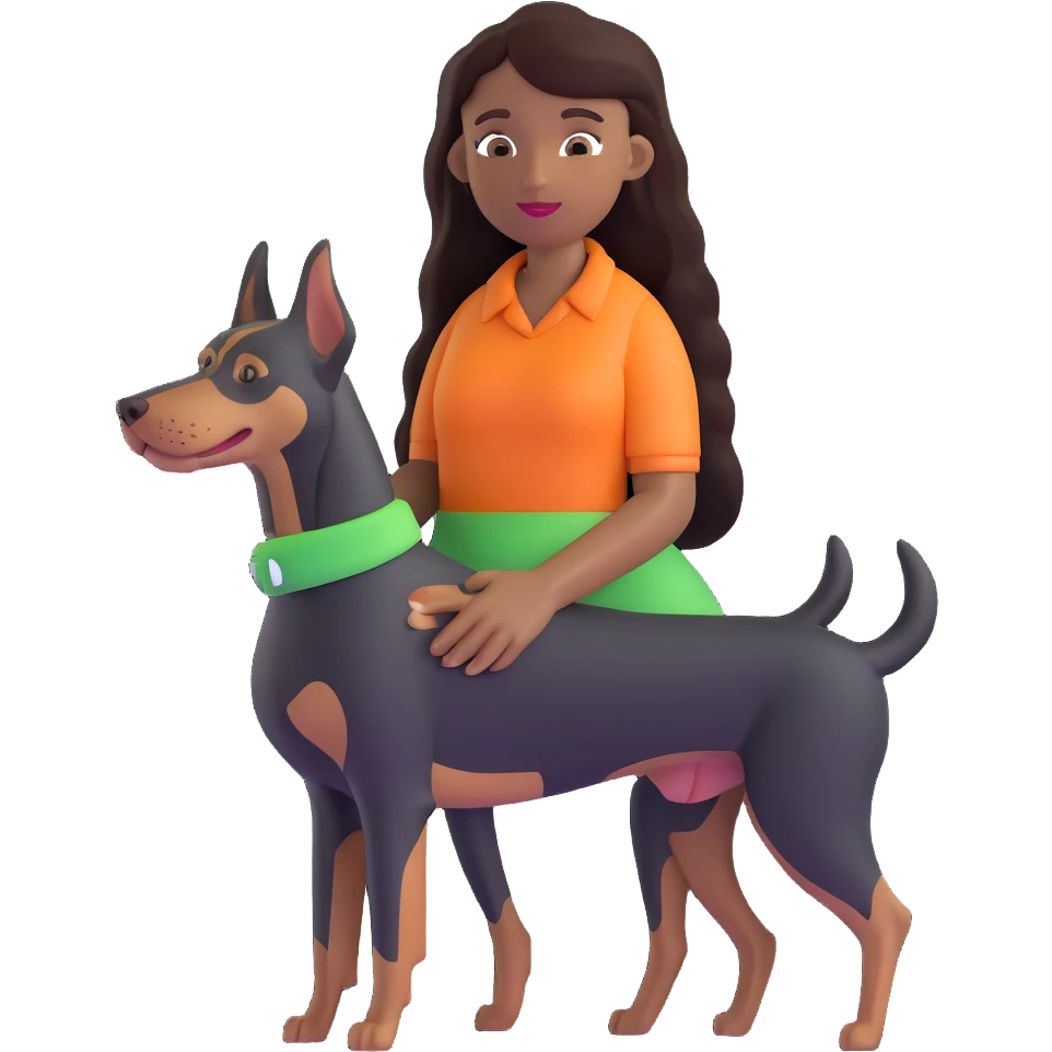 Black girl with long hair holding a Doberman dog emoji